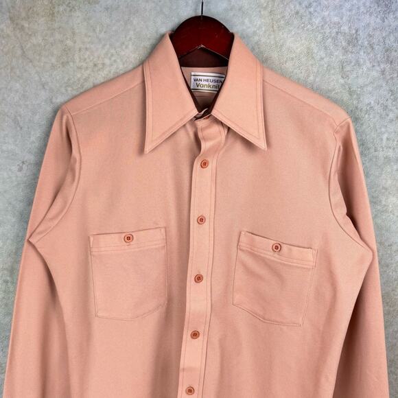 VTG 80s Van Heusen Button Up Shirt Sz L Tan VanKnit Plain Army Military - Picture 5 of 8